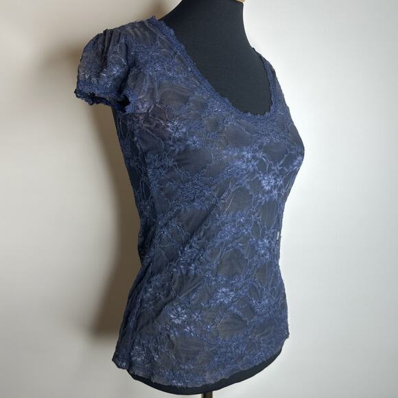 Y2k Down East Basics Womens S Navy Blue Stretchy Sheer Floral Lace T Shirt Top - Picture 4 of 11